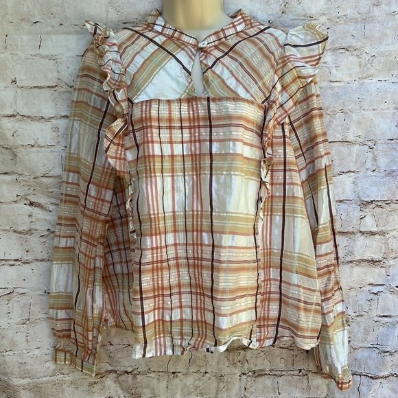 Current Air Anthropologie Polly Plaid Ruffled Shirt Top Blouse Sz Large L Cute - Picture 2 of 10